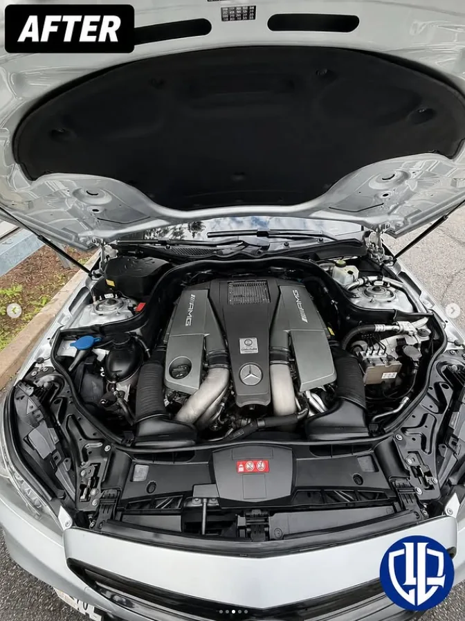 Clean Mercedes AMG engine bay after LugoLux detailing