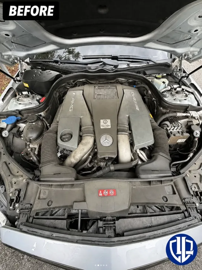 Mercedes AMG engine bay before LugoLux detailing